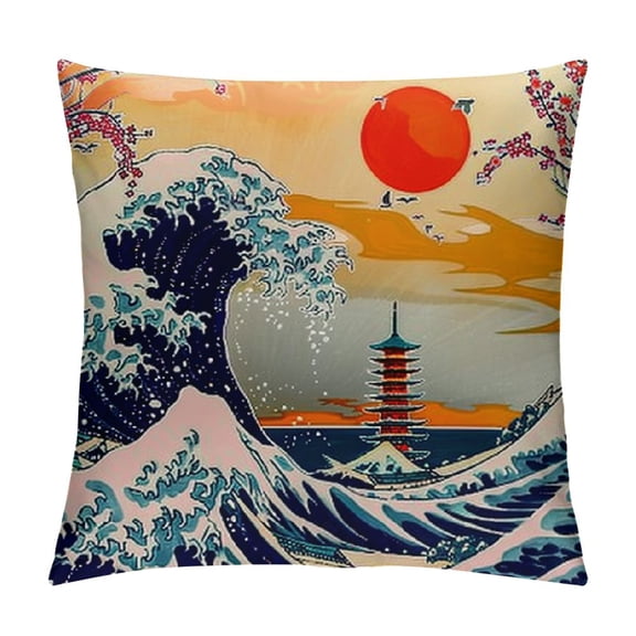 Pillow Cover Japanese Sakura Traditional Oriental The Great Wave of Kanagawa Throw Pillow Decor for Livingroom Couch Bed Decorative Gift