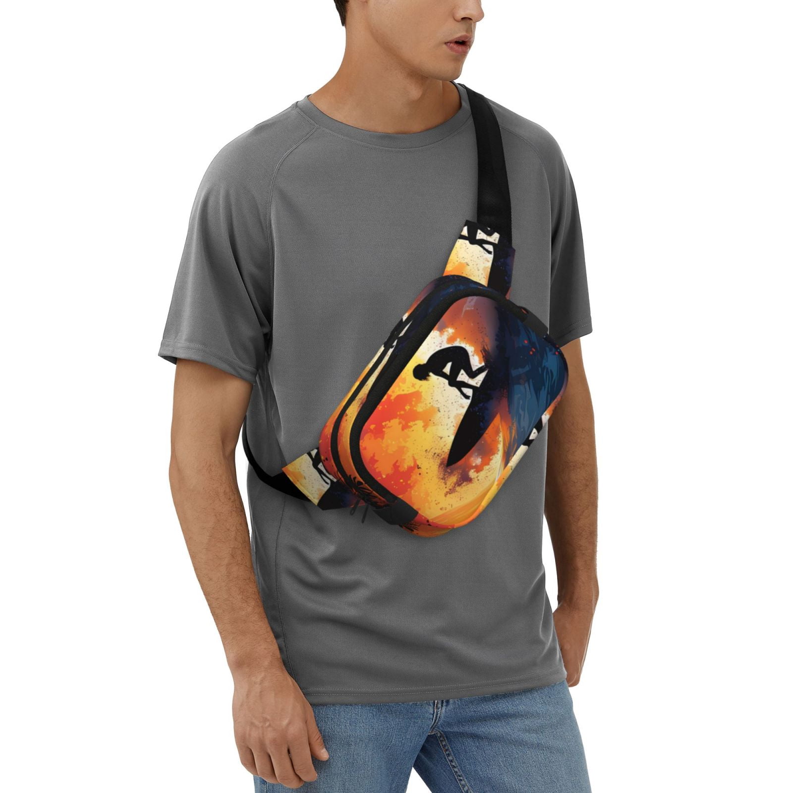 Picia Sunset Surfing Silhouette Print Square Double-Layer Waist Bag Mini Adjustable Waist Belt Bag Exercise Running Travel Hiking