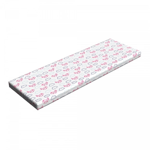 Airplane Bench Pad, Pink Airships with Clouds in Blue Tones Doodle Kids Journey, HR Foam Cushion with Decorative Fabric Cover, 45" x 15" x 2", Pale Blue Navy Blue, by Ambesonne