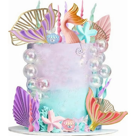 Mermaid Cake Toppers,33PCS PresNok Little Mermaid Birthday Cake Decorations For Girls 2 3 4 5th Little Mermaid Tails Seaweed Bubbles Shells and Golden Ginkgo Leaves Cake Set