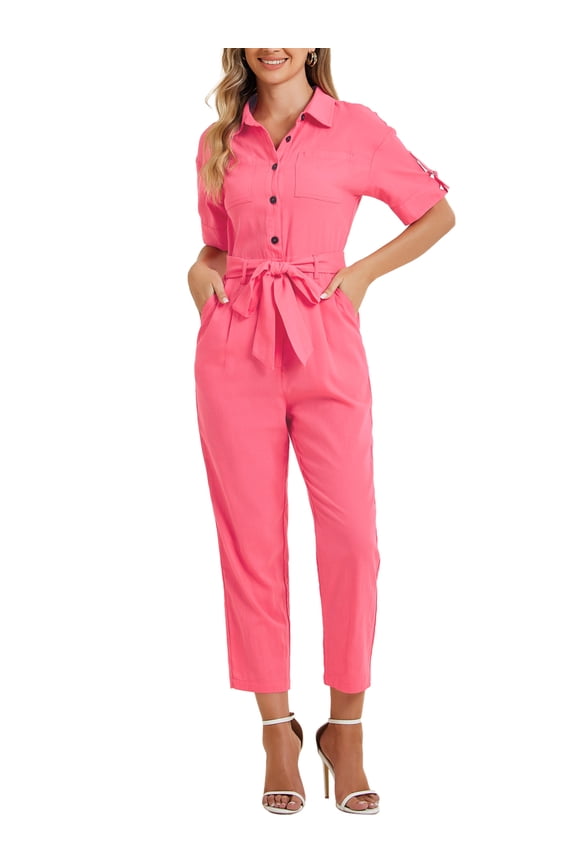 Women's Jumpsuit Short Sleeve Collared Button Down Tie Waist Cotton Cargo Jumpsuit L Watermelon Red