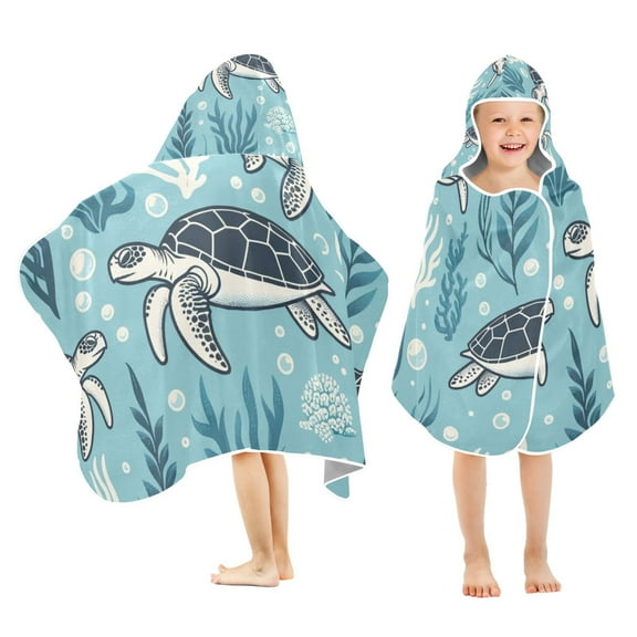 Turtle and Seaweed Kids Hooded Beach Towel Baby Bath Poncho Towels with Hood Absorbent 50"x23.5" for Pool Swimming