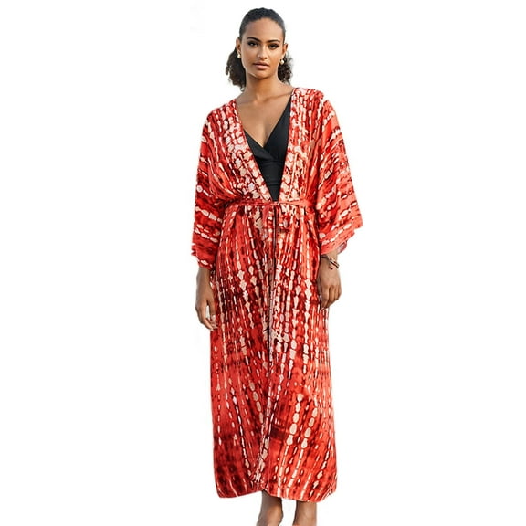 EDOLYNSA Women's Plus Size Smock Striped Printed Kimono Cardigan Casual Vacation Wear with Self Tie Loungewear