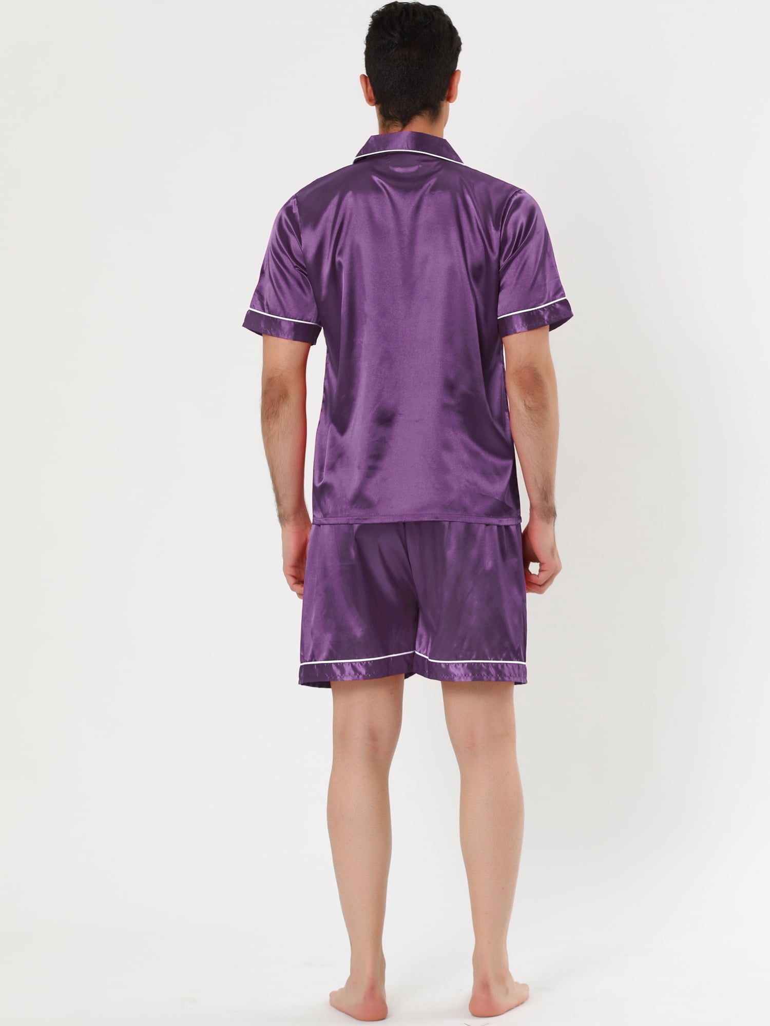 Unique Bargains Men's Sleepwear Short Sleeve Top and Pants Satin Pajama Set S Purple