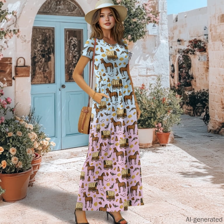 Uourmeti Fast Dry Women's Maxi Dress for Holiday Work, Western Cowboy Themed Pattern Polyester and Spandex Comfort Short Sleeve Maxi Dress Round Neck