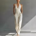 thumbnail image 2 of JULMCOMO Jumpsuits for Women Halter Deep V Neck Open Back Slim Fit Summer Outfits Sleeveless Straight Leg Dressy Jumpsuits with Pockets White S, 2 of 6