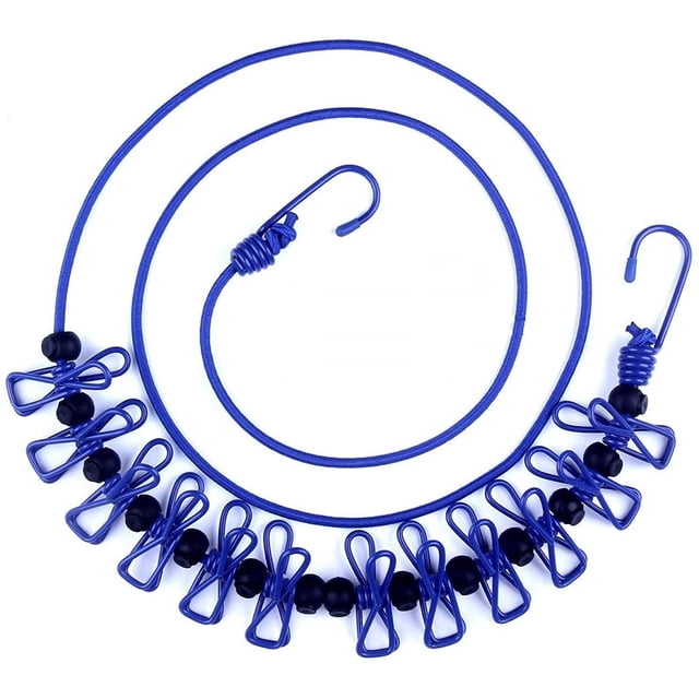 Jinsinto Ligne de Vêtements de Voyage Portable, Ligne de Vêtements de Voyage et de Camping Élastique Ajustable et Rétractable avec 12 Pinces pour Usage Extérieur et Intérieur (Bleu)