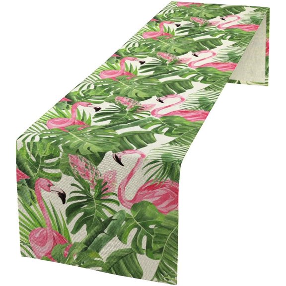 Tropical Table Runner Green Botanical and Flamingo Pattern Table Runner Table Cloth Decoration Dresser Garden Farmhouse Wedding Party Vacation Dinner Home 13.8x90 inches