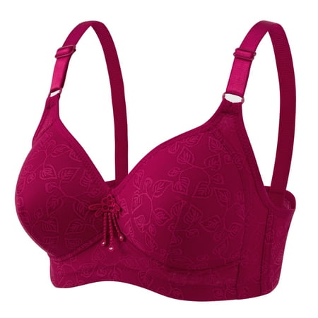 

Women Big Size Flower Wireless Push Up Bra Big Cup For Big Breasted Fat Full Coverage Thin Wire Free Back Closure Plaid Soft Bra Burgundy 80
