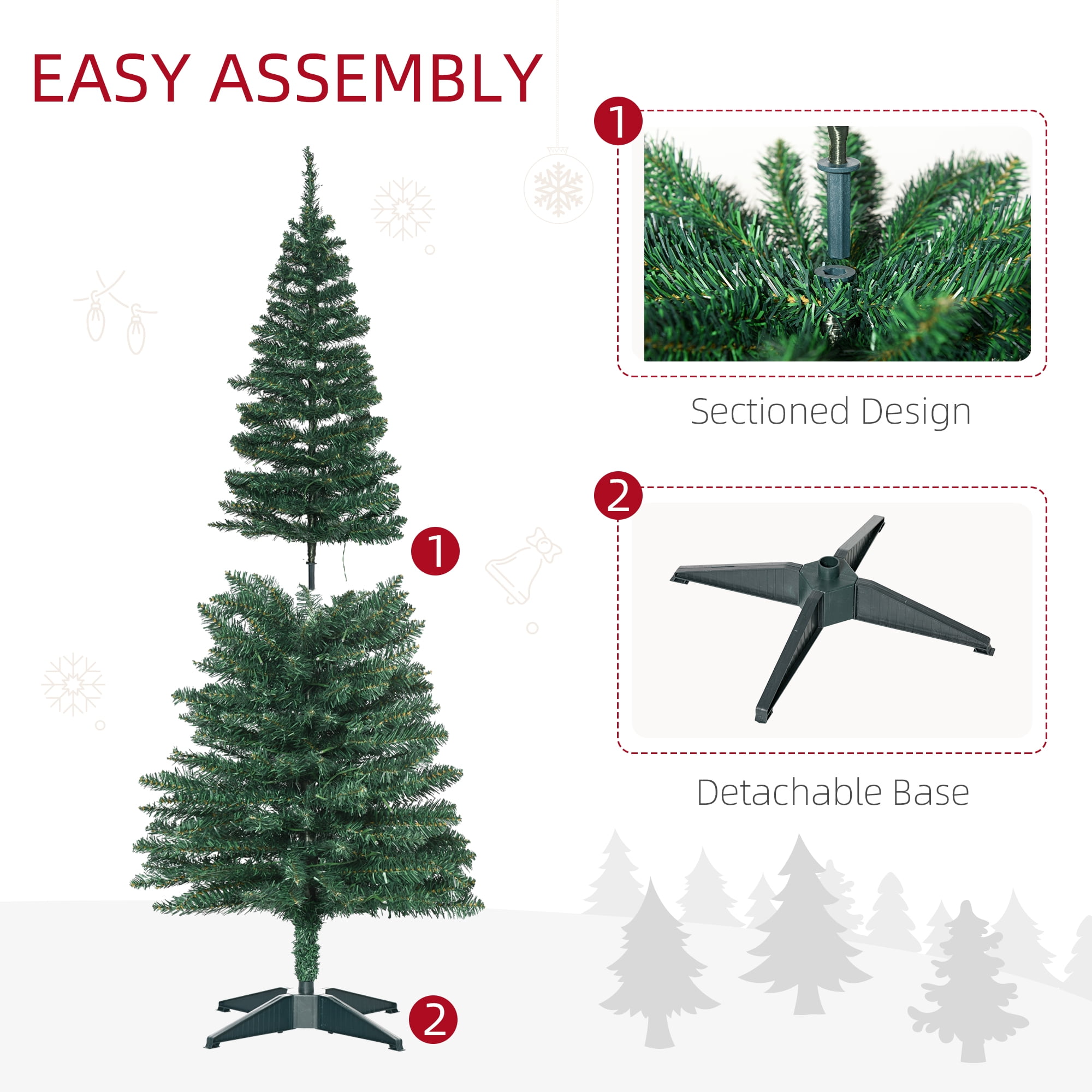5FT Green Slim Pencil Artificial Christmas Tree, 294-499 PVC Tips with 110-200 Warm White LEDs, Section Design, Flame Retardant, Sturdy Base, Indoor Holiday Decor