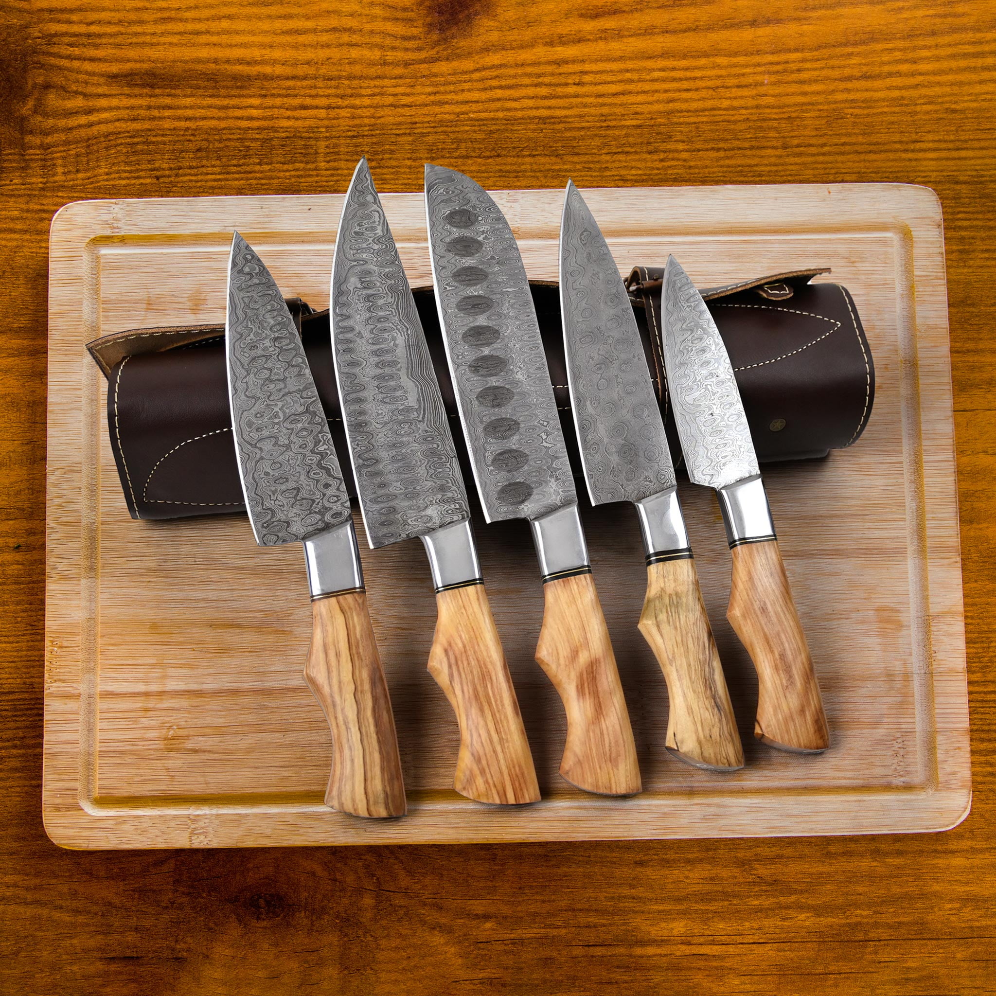 Damascus Kitchen Chef Knife Set of 5 with Olive Wood Handle & Brass Handles