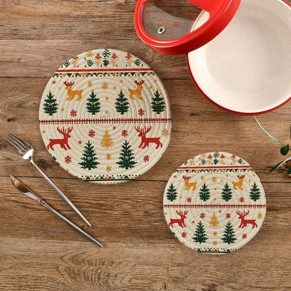 Christmas Deers Trees Trivet Mats Set Cotton Woven Non-Slip Pot Holders Heat Resistant for Hot Pots Pans Dishes Pats