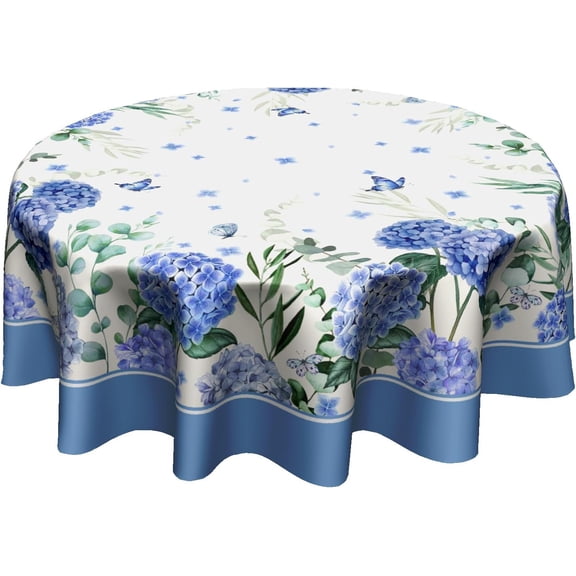 Spring Floral Tablecloth 60 Inch Round, Blue Hydrangea Flower Summer Washable Table Cover for Party Picnic Dinner Decor