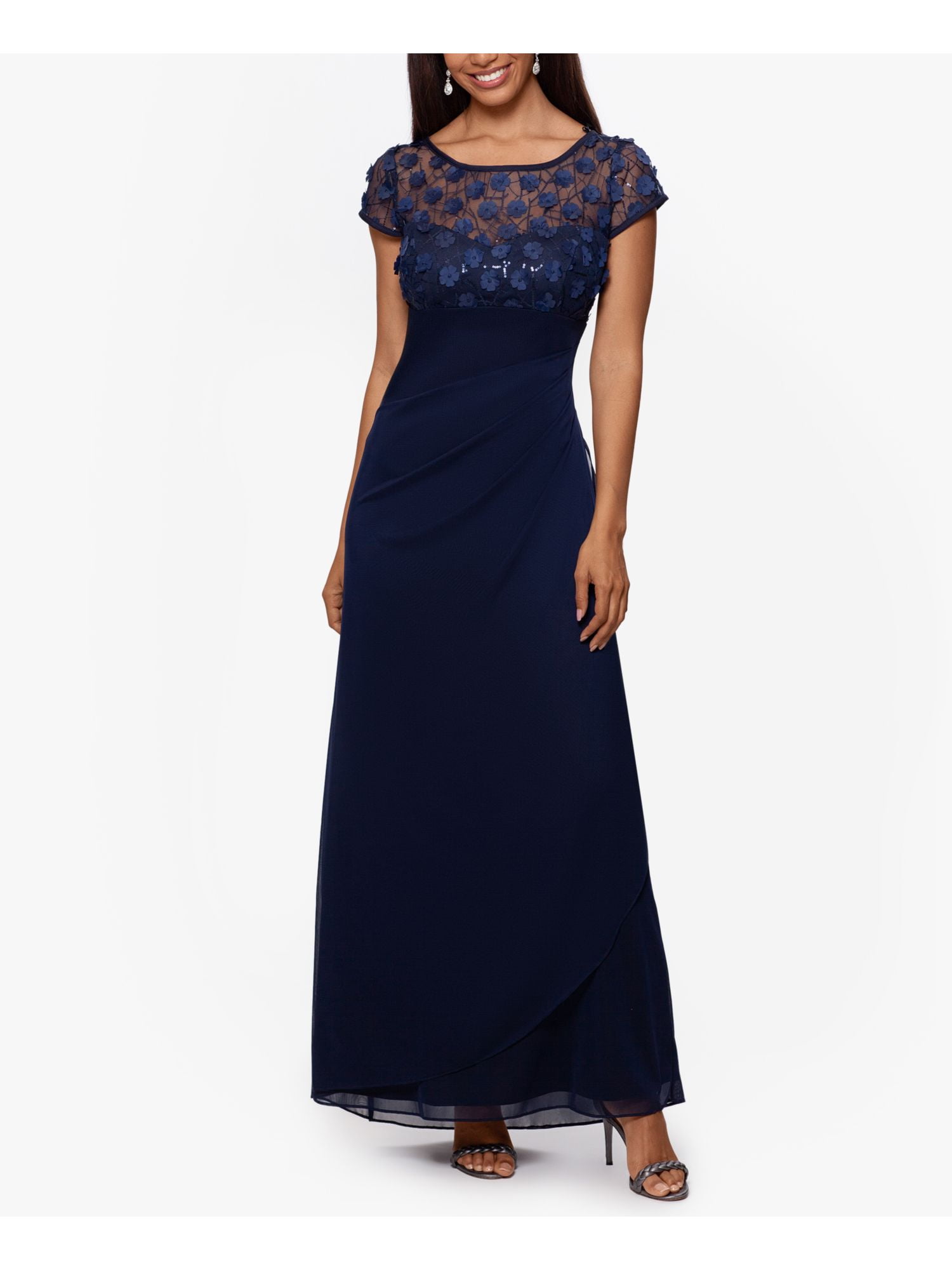 XSCAPE Womens Purple Zippered Glitter Lined Floral Spaghetti Strap V Neck Short Party Fit + Flare Dress