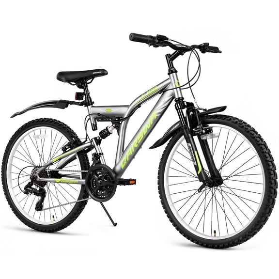 QARSWA 24" Mountain Bike, Full Suspension Bicycle with 21-Speed Drivetrain for Teens and Adults, Grey