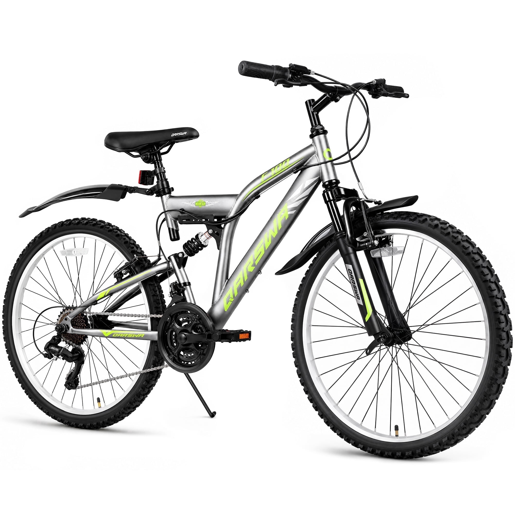QARSWA 24" Mountain Bike, Full Suspension Bicycle with 21-Speed Drivetrain for Teens and Adults, Grey