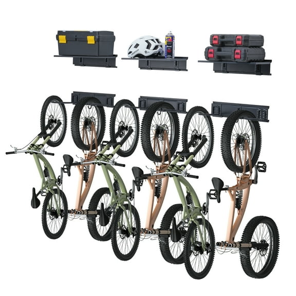 KFFKFF Cycling Storage Solution, Wall-Mounted Support for 6 Bicycles & 3 Helmets, Includes 3 Shelving Units, Home/Garage Space Saver, Adapts to Different Bicycle Sizes, 300 lbs Capacity, 48" Wide