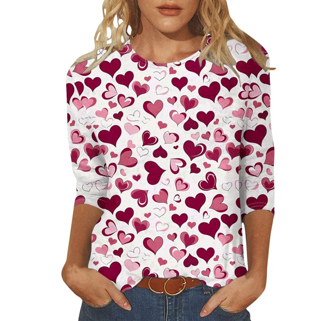 Penkiiy Chemises de la Saint-Valentin pour Femmes Décontractées Manches 3/4 Col Rond Blouses Imprimé Mignon Tuniques Tops 2025 TG Multicolore