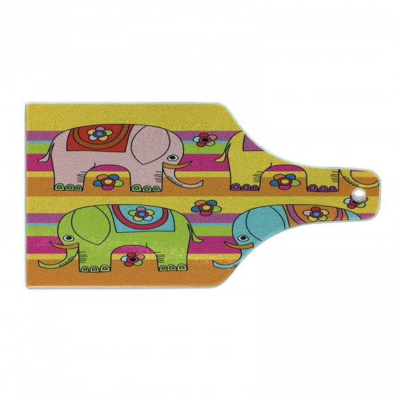 Animal Cartoon Cutting Board, Funky Floral EasternColorful Hand Drawn Fantasy, Decorative Tempered Glass Cutting and Serving Board, Wine Bottle Shape, Multicolor, by Ambesonne