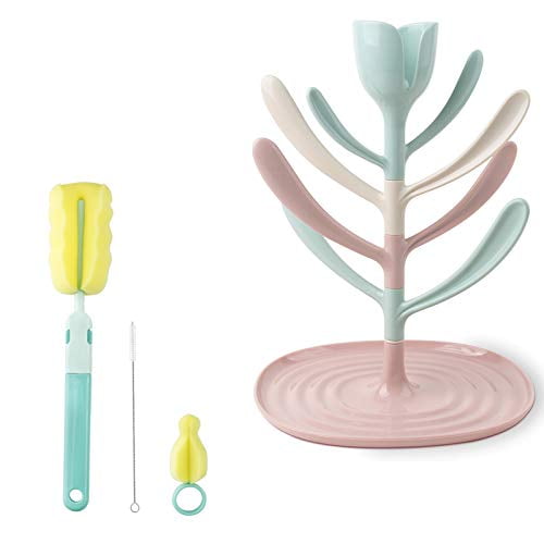 Meemo Baby Bottle Drying Rack with Baby Bottle Brush,Nipple Brush & Straw Cleaner,Baby Bottle Accessories let Baby Bottle Clean?Pink Set?