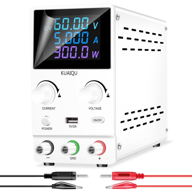 KUAIQU DC Power Supply Variable, 0-60V 0-5A Adjustable Switching DC Regulated Bench Power Supply with High Accuracy 4-Digit Colour LCD Display, 5V/2A USB Port (White)
