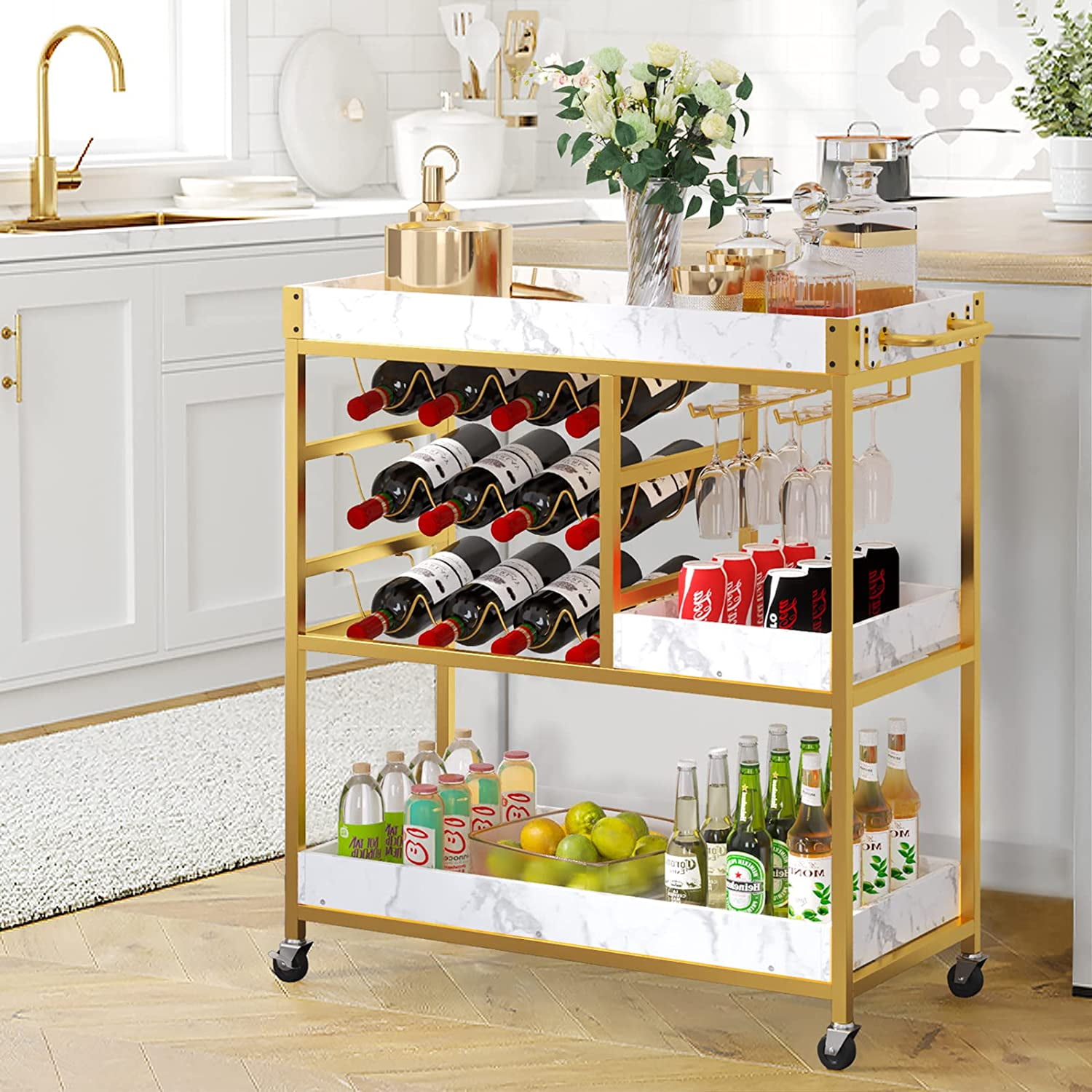 Catrimown Bar Cart Gold, Bar Carts for The Home with 12 Bottle Wine