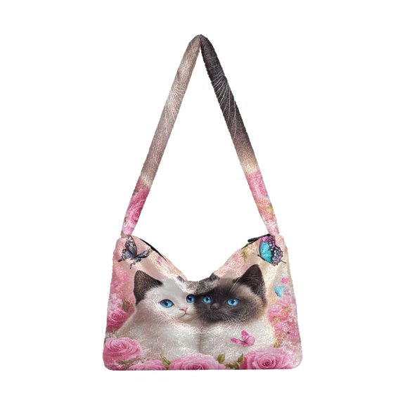 DIXRUYEE Beautiful Cats Rose Print Plush Shoulder Bag Soft Faux Fluffy Hobo Tote Bag With Zipper Closure Casual Lightweight Crossbody Handbag