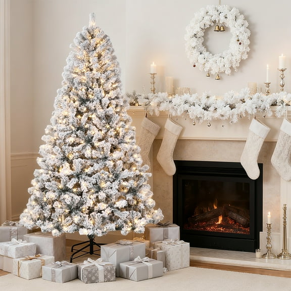 4.5ft/6ft/7.5ft/9ft Snow Flocked Pre-Lit Christmas Tree Artificial Christmas Tree with Branch Tips Warm White Lights Quick Assembly Stand Included Indoor Outdoor Holiday Decor