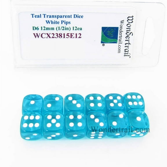 Teal Translucent Dice with White Pips D6 12mm (1/2in) Pack of 12 Wondertrail