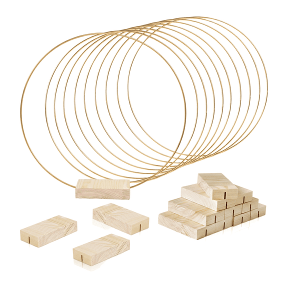 10pcs Gold Centerpieces,12inch Round Metal Floral Hoop Centerpiece – Macrame Gold Hoop Ring with Wood Stands for Wedding Birthday Party