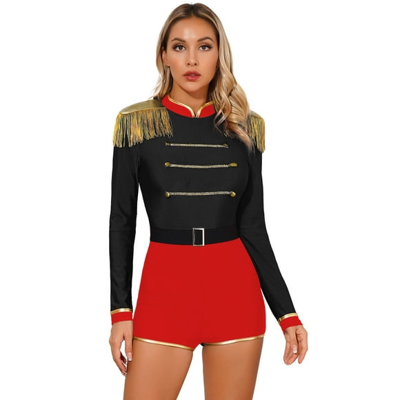 Miaeowve Women Circus Ringmaster Costume Tassel Fringed Lion Tamer Jumpsuit Leotard for Halloween Carnival Black M