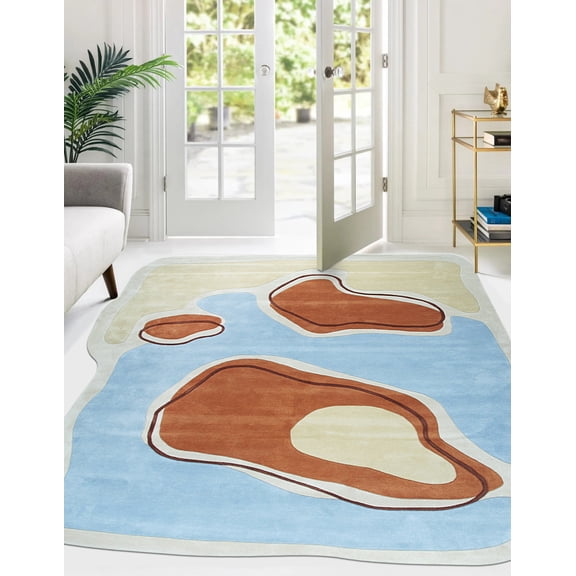 EORC Blue Hand-Tufted Wool Contemporary Modern Area Rug