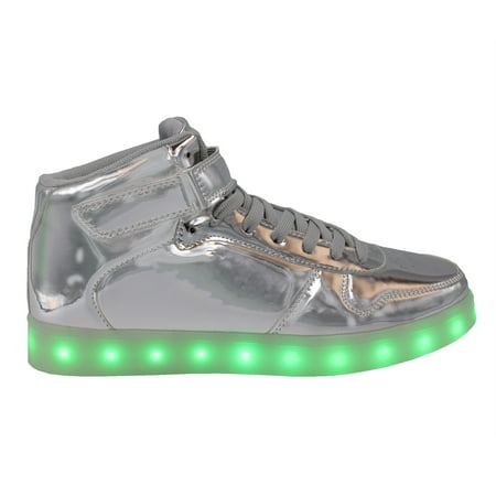 Image of Family Smiles LED Light Up Sneakers Kids High Top Boys Girls Unisex Strap Lace Up Shoes Silver Little Kid US 12 / EU 30