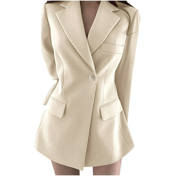 Scyoekwg Womens Blazers for Work Casual Button Lapel Blazer with Pocket Lightweight Offices Work Suit Long Sleeve Fall Coats Business Solid Color Trendy Coats(Beige,M)