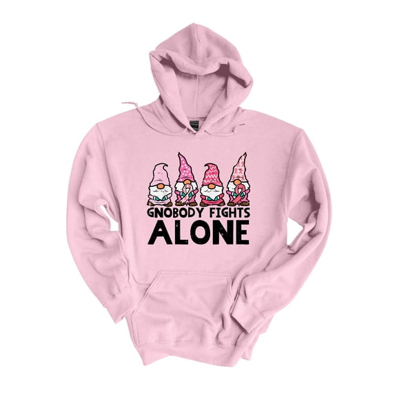 Womens Breast Cancer Awareness Garden Gnomes Gnobody Fights Alone Hooded Sweatshirt-Light Pink-small