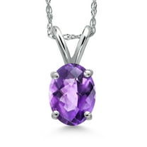 Gem Stone King 10K White Gold Purple Amethyst Pendant Necklace for Women | 0.75 Cttw | Gemstone February Birthstone | Oval Checkerboard 7X5MM | With 18 inch Chain