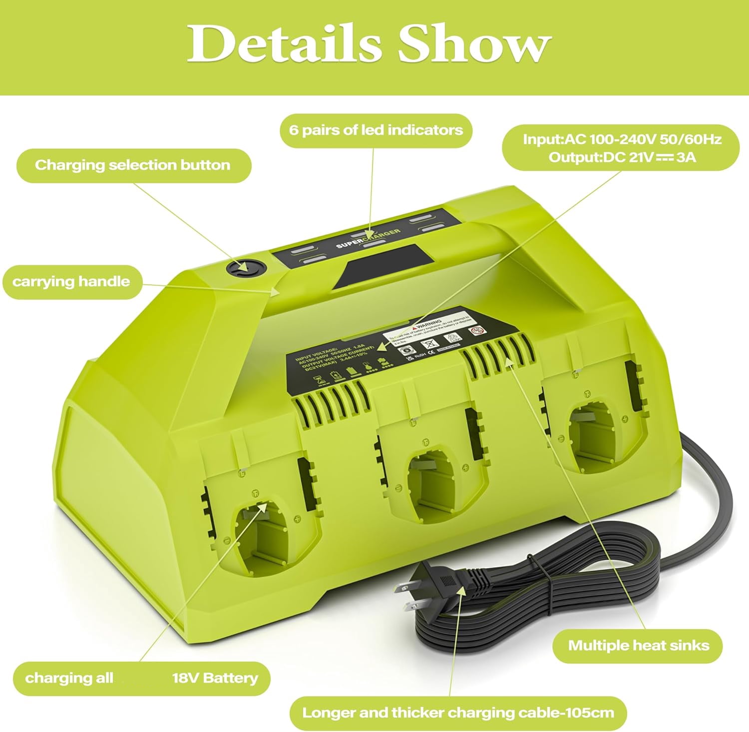 18V 6 Ports Rapid Charger Station for Ryobi P180 P135 18V ONE+ Supercharger for P100 / P102 / P105 / P107 / P108 / P189 / P190 / P193 ,Compatible with All Ryobi ONE+ 18V Battery Without USB Port