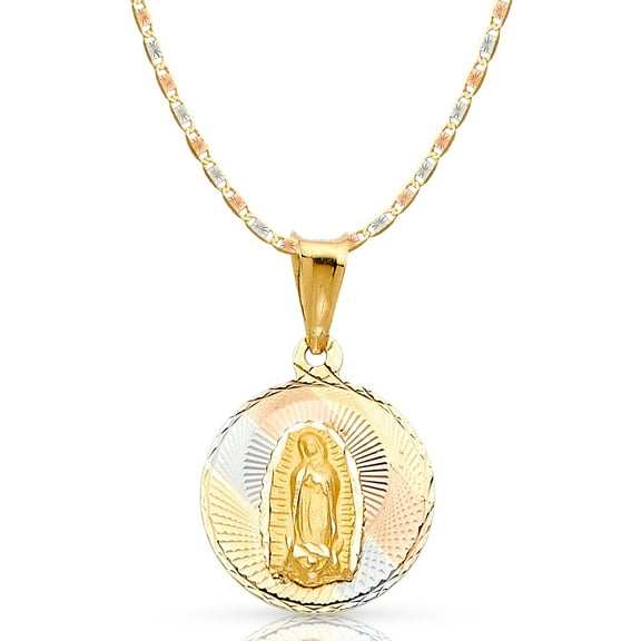 14K Tri Color Gold Diamond Cut Our Lady of Guadalupe Stamp Charm Pendant with 2.1mm Valentino Chain Necklace