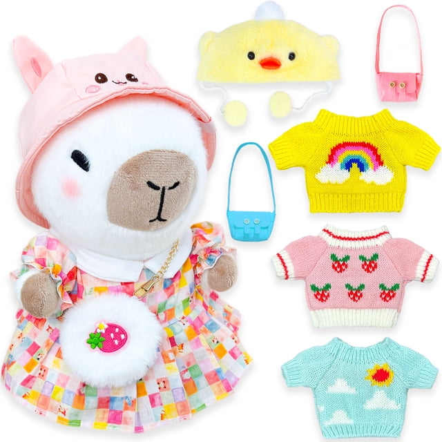 Capybara Peluche con Ropa y Accesorios – 25cm Capibaras de Peluche para Vestir, Juguete de Felpa Kapibara