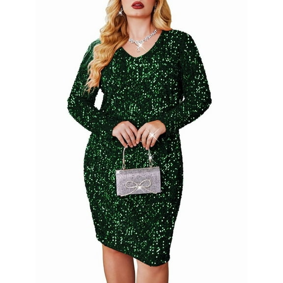 Weardear Women's Plus Size Sequin Dress New Year V Neck Long Sleeve Cocktail Party Dress