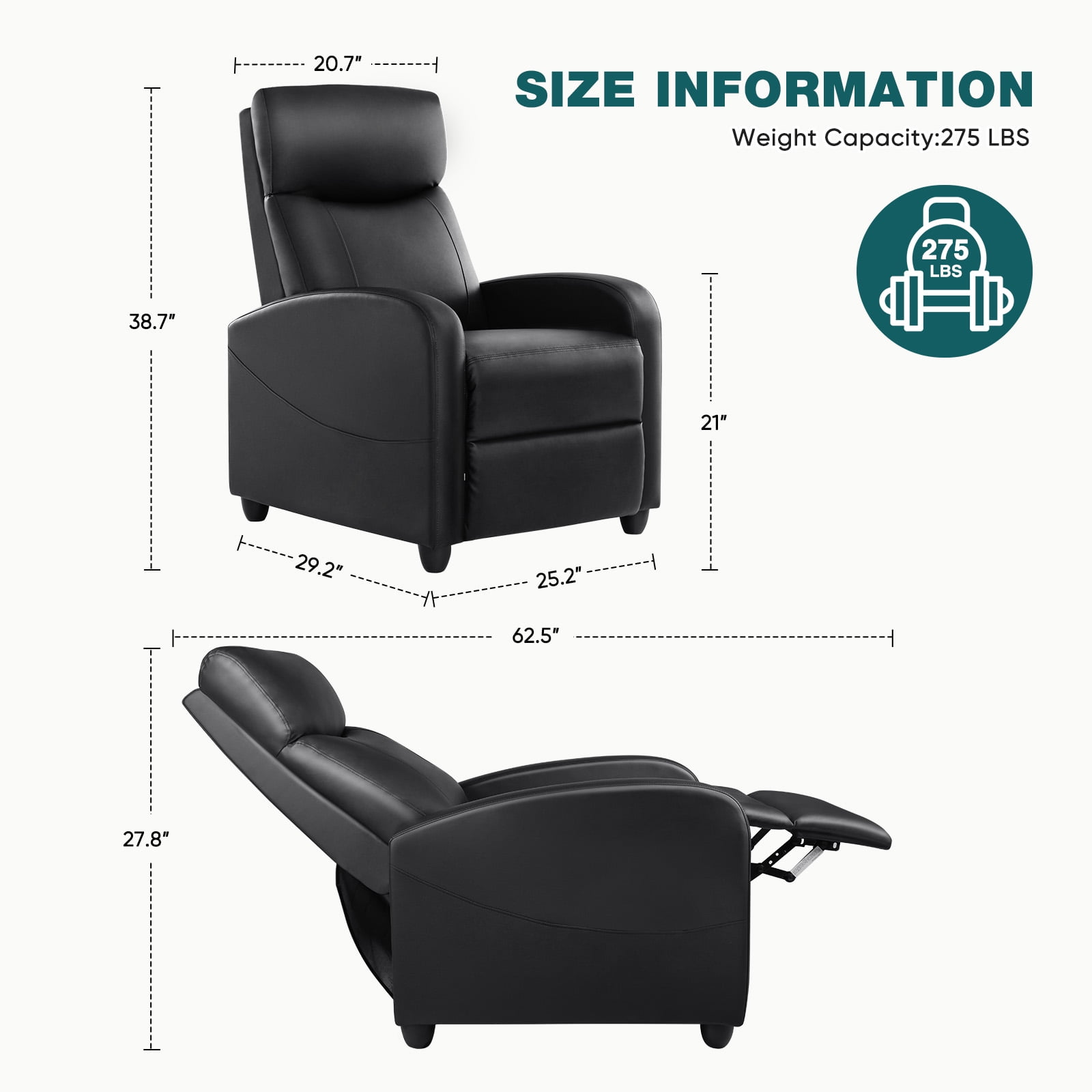 CONCETTA Vibration Massage Recliner Chair for Living Room, Home Theater, Small Sofa with 160-Degree Reclining Angle, 275lb Capacity, Black