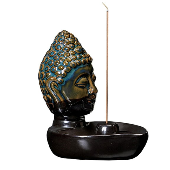 Buddha Head Incense Holder for Sticks, Small Ceramic Incense Burner Healing, Meditaiong, Zen, Timer of Spa or Yoga, with Ash Catcher (Blue)