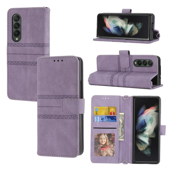 Premium PU Leather Wallet Case for Samsung Galaxy Z Fold3, Crossbody Shoulder Strap Card Slots Holder Flip Folio Cover with Kickstand Magnetic Clasp Wrist Strap Handbag Shockproof Case,Lightpurple