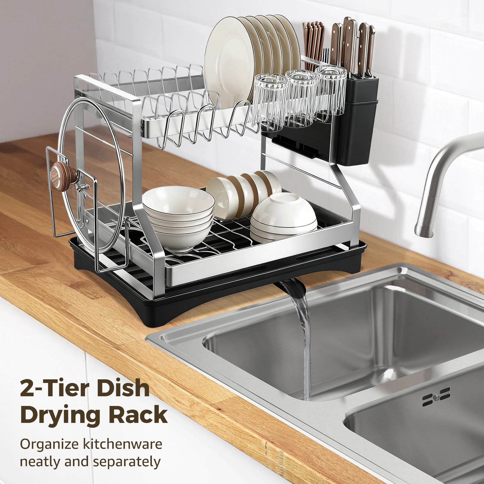 2 Tier Dish Drying Rack 304 Stainless Steel, Large Capacity Dish Rack with Drainboard and Utensil Holder, Cup Holder, Cutting Board Holder, 16.5 x 11.8 x 13.2 in