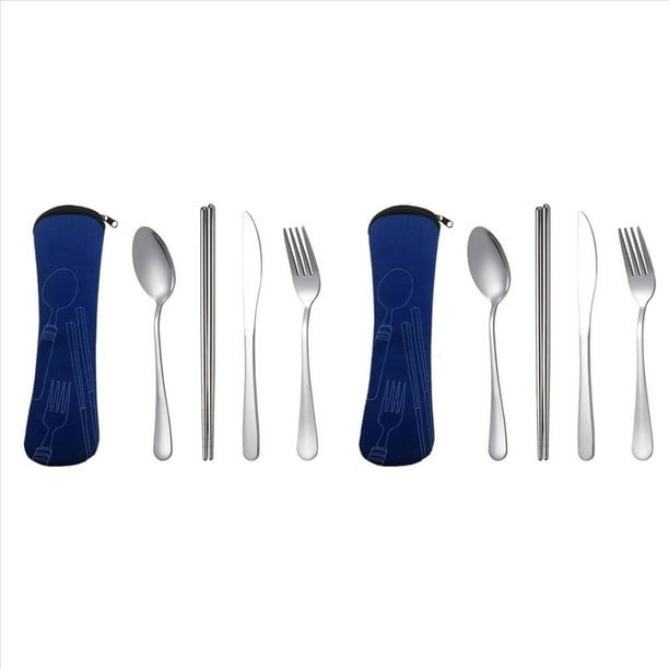Juego de 8 Piezas de Vajilla Portátil de Acero Inoxidable, Cuchara, Tenedor, Cuchillo para Carne, Cubiertos de Viaje, Vajilla con Bolsa, Azul Oscuro