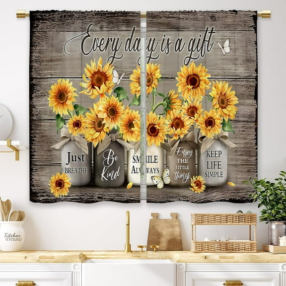 Vintage Sunflower Floral Kitchen Curtains Rustic Flower Inspirational Small Short Cafe Window Curtains Wooden Country Bathroom Living Room Bedroom Drapes Treatment 2 Panels (27.5x36 Inch)