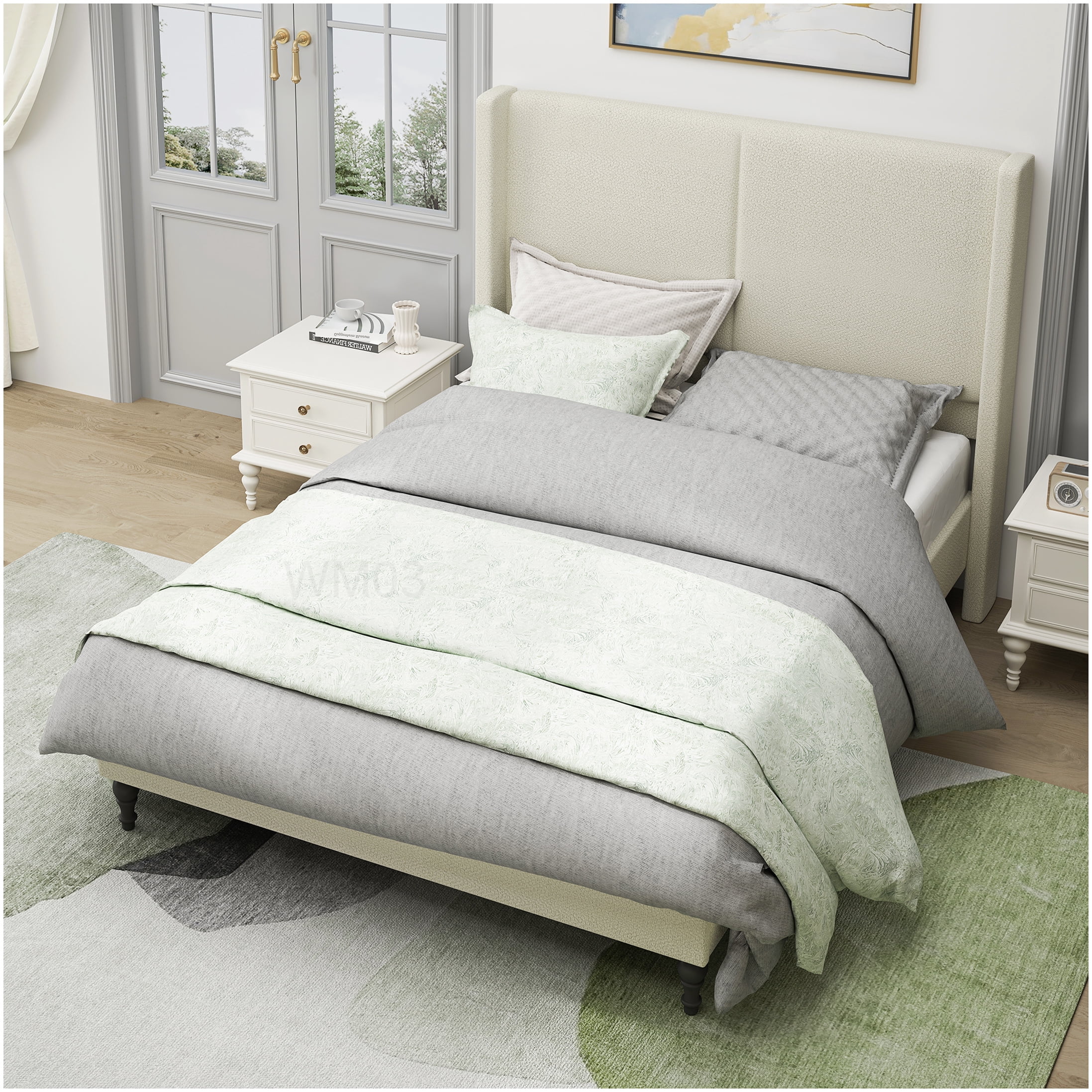 Modern Boucle Fabric Upholstered Bed Frame, Queen Size with High Headboard, No Box Spring Required