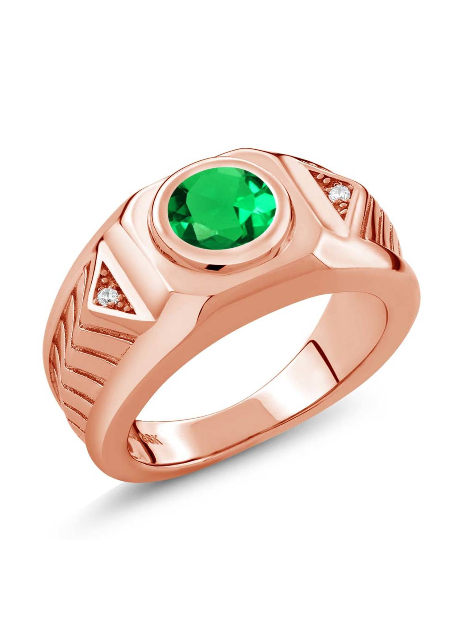 Gem Stone King 1.68 Ct Round Green Simulated Emerald 18K Rose Gold Plated Silver Mens Ring 