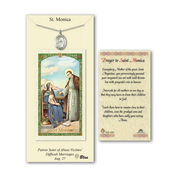Pewter St. Monica medal on an 18 inch Lite Curb Chain with a Prayer to St Monica Prayer Card.