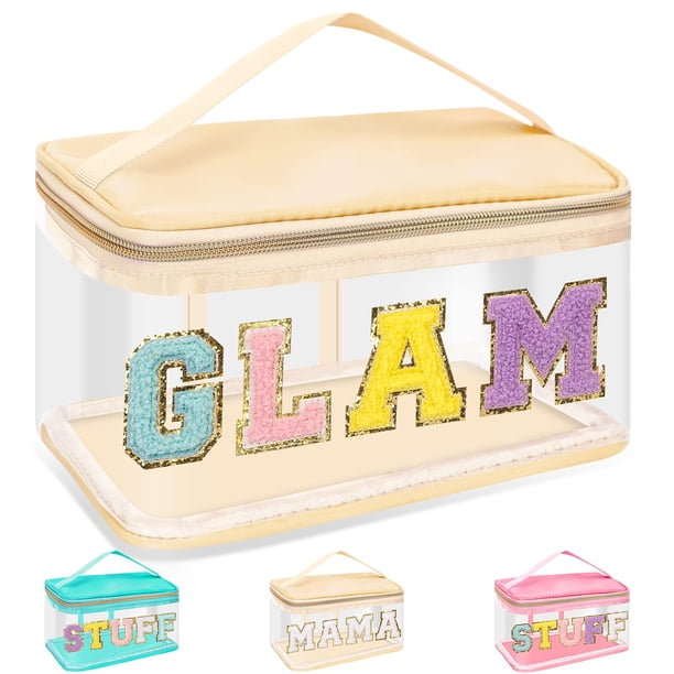 Bolsa de maquillaje izuzta Chenille Letter, transparente, impermeable, beige